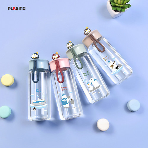 普升 pursing玻璃杯企鹅提绳高硼硅水杯透明礼品杯子带盖创意茶杯