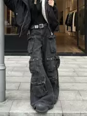 American-Style Heavy-Duty Multi-Pocket Patchwork Niche Design Cool Workwear Jeans for Men Versatile Casual Flared Trousers