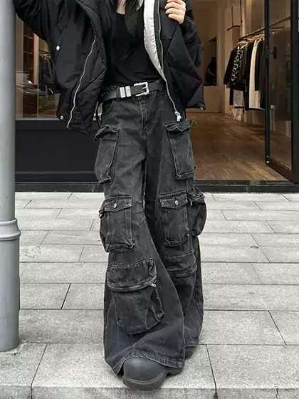 American-Style Heavy-Duty Multi-Pocket Patchwork Niche Design Cool Workwear Jeans for Men Versatile Casual Flared Trousers