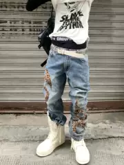 American Retro Design Leopard Print Totem Jeans for Men and Women, Autumn Embroidered Distressed Slim Fit Flared Pants