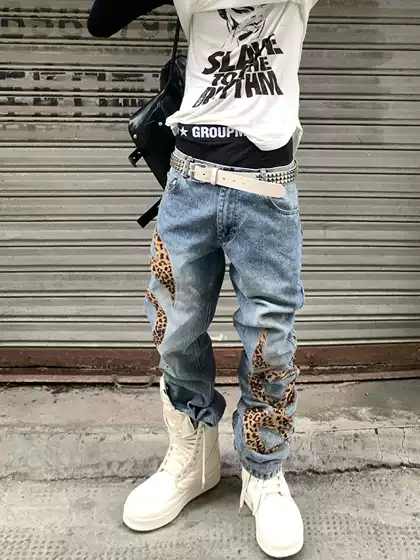 American Retro Design Leopard Print Totem Jeans for Men and Women, Autumn Embroidered Distressed Slim Fit Flared Pants