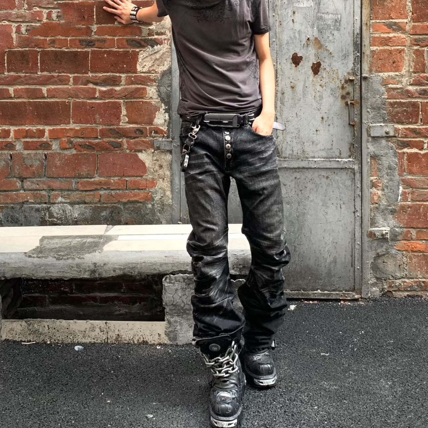 thumbnail for American vintage street breast design pleated jeans men's autumn crack ripple slim scimitar pile pants