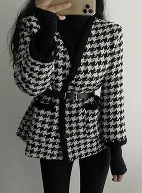 小香风毛呢外套女2024秋冬新款韩版气质复古千鸟格收腰呢子大衣潮