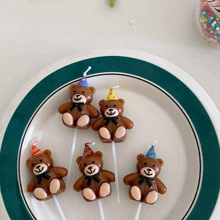 复古派对小熊蛋糕插件彩小礼帽卡通棕熊插牌儿童生日蜡烛合集蛋糕