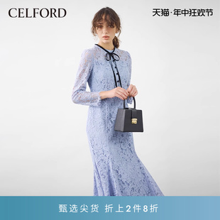 连衣裙CWFO225030 长袖 气质日系优雅领结蕾丝刺绣修身 CELFORD秋冬