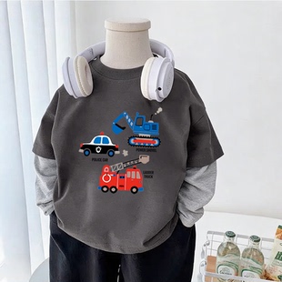 纯棉男童拼色圆领长袖T恤2026春秋新款儿童宝宝卡通简约打底上衣