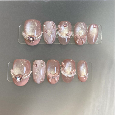 爆款玻璃珠猫眼穿戴甲高颜值显白少女心短款可拆开学季洛可可美甲