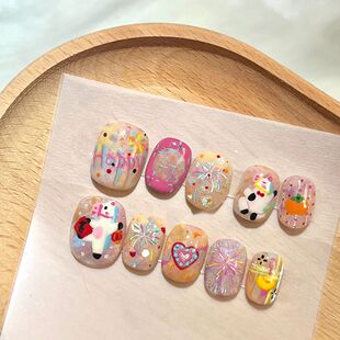 多巴胺童趣小马驹彩虹泼墨烟花晕染手绘风可拆卸穿戴贴片显白短款