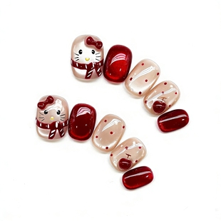 Maxfine卡通KT猫穿戴甲酒红色蝴蝶结美甲贴片可爱少女樱桃甲片