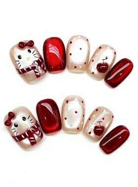 红色新款纯手工蝴蝶结可爱猫眼穿戴波点圣诞指甲显白贴片新年美甲