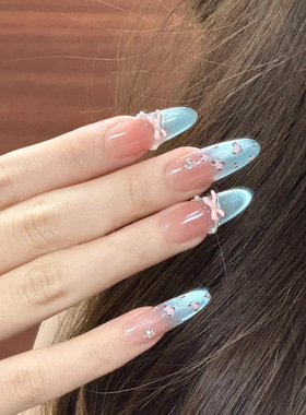 2025新款蓝色豹纹蝴蝶结长款小碎钻美甲高颜值显白显手长穿戴甲