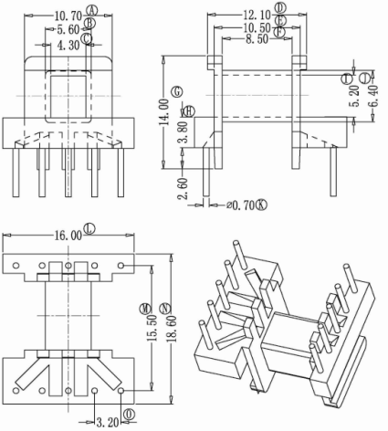 EE16高频变压器磁芯骨架安规单边加宽排距15.5mm卧式5+5针