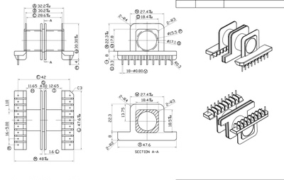 ETD44 EC44高频变压器双槽骨架外壳磁芯卧式9+9针排距42mm