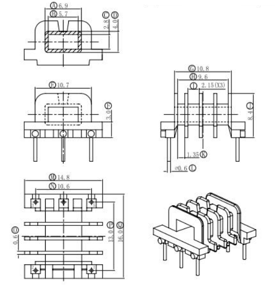EFD15四槽骨架磁芯配套卧式3+3针排距13mm高频变压器材料