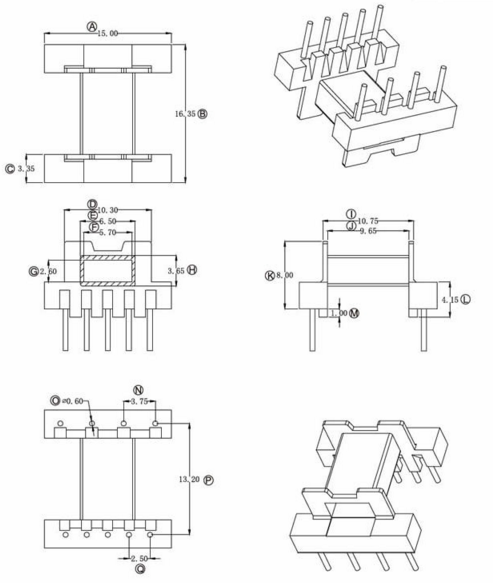 EFD16 EFD15高频变压器铁氧体磁芯电木骨架卧式5+4针排距13.2mm
