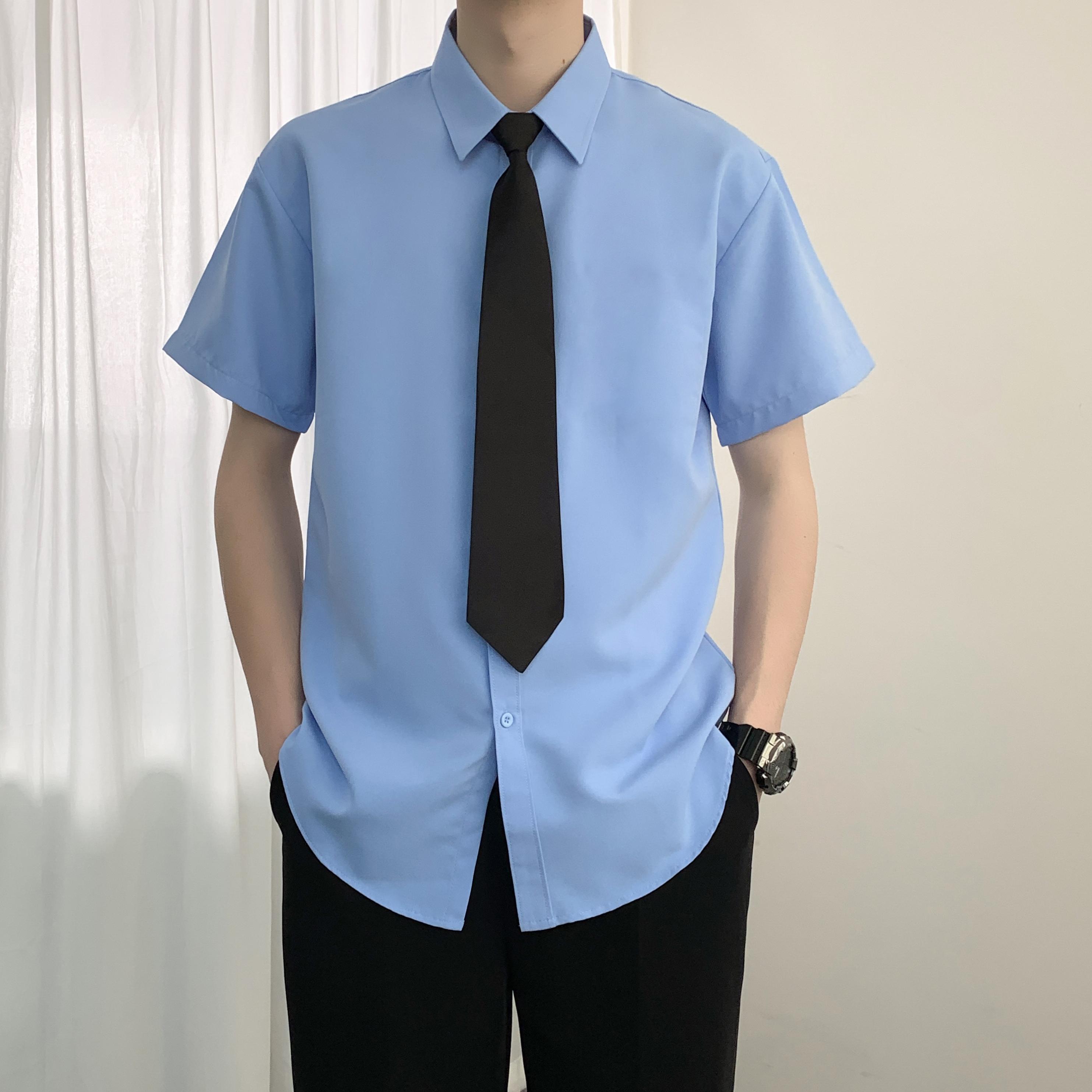 【送领带】天蓝色衬衫男士短袖商务休闲DK制服上班黑白衬衣半袖寸