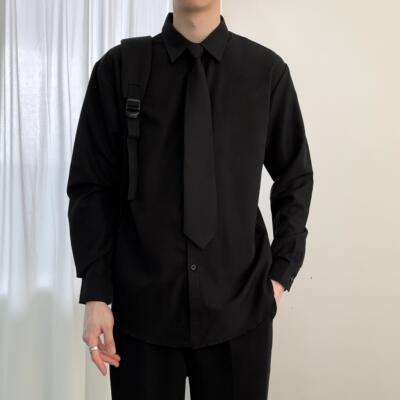 送领带】黑色长袖衬衫男士商务