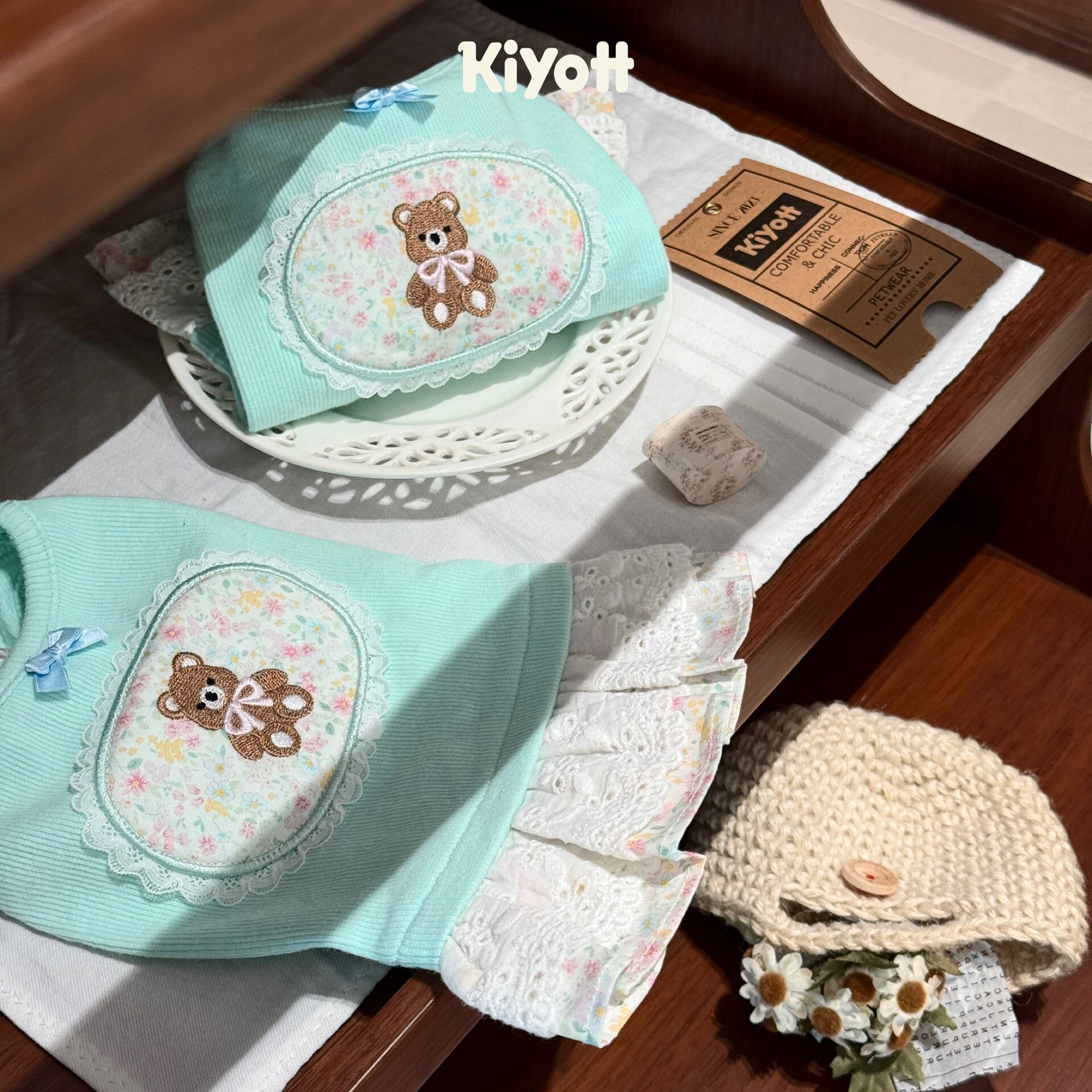 KIYOTT 呆呆熊薄荷绿蕾丝裙宠物狗狗连身裙夏季薄款清新