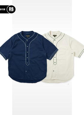 Nigel Cabourn新品日式街头风条纹短袖棒球服衬衫男立领潮牌工装