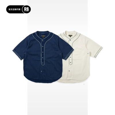 Nigel Cabourn新品日式街头风条纹短袖棒球服衬衫男立领潮牌工装
