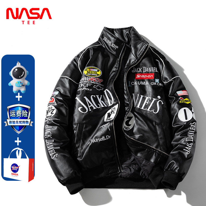 NASA机车服pu皮棉服美式复古骑行服刺绣棉衣秋冬飞行夹克男女潮牌