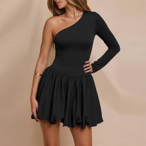 长袖斜肩领连衣裙女休闲