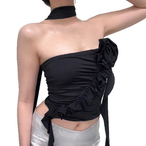 性感一字领露肩花朵上衣