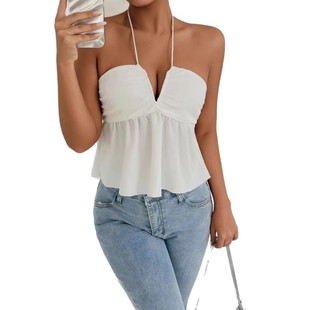 sleeveless ruffled Slim 深V无袖 deep top修身 荷叶边上衣 fit