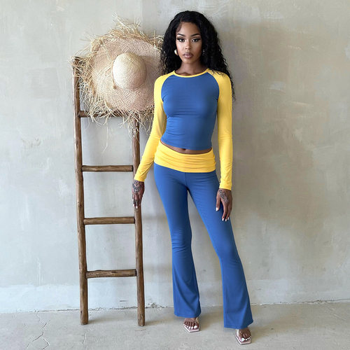 翻折微喇长裤两件套装