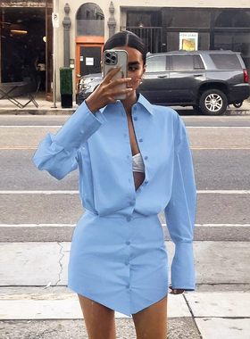 Loose collared shirt, hip hugging dress宽松翻领包臀连衣裙女