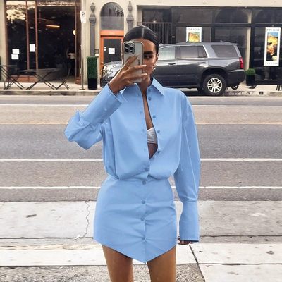 宽松翻领衬衫包臀连衣裙
