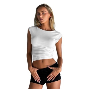 exposed with navel and neck露脐圆领休闲上衣女 Crop round top