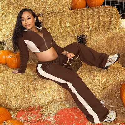 拉链松紧腰直筒裤套装