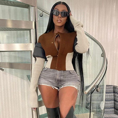 罗纹撞色拼接塞棉外套女