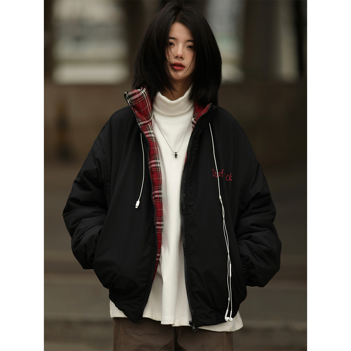 非品牌厚款冬季双面穿棉服格子潮