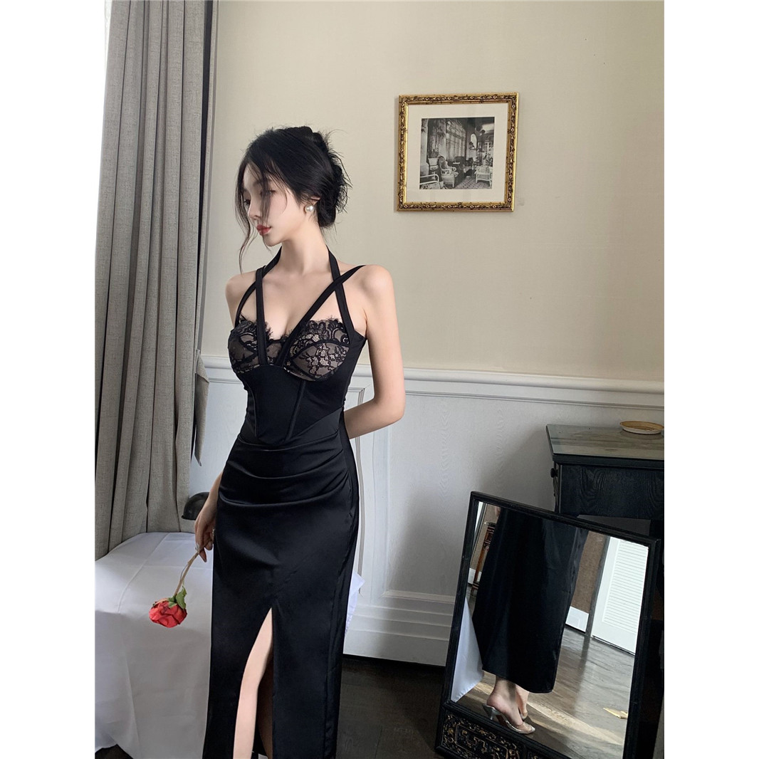 实拍性感蕾丝交叉带抹胸吊带连衣裙御姐风气质修身长款晚会礼服裙