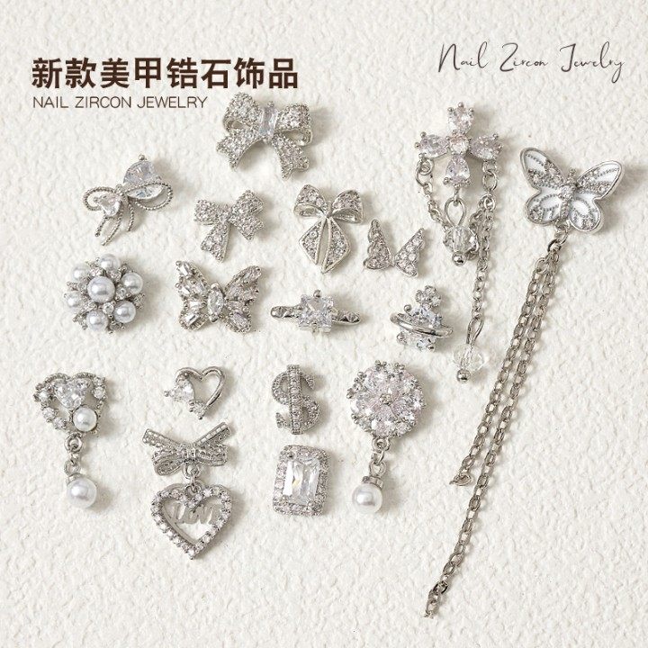 美甲锆石镶嵌金属饰品蝴蝶结链条