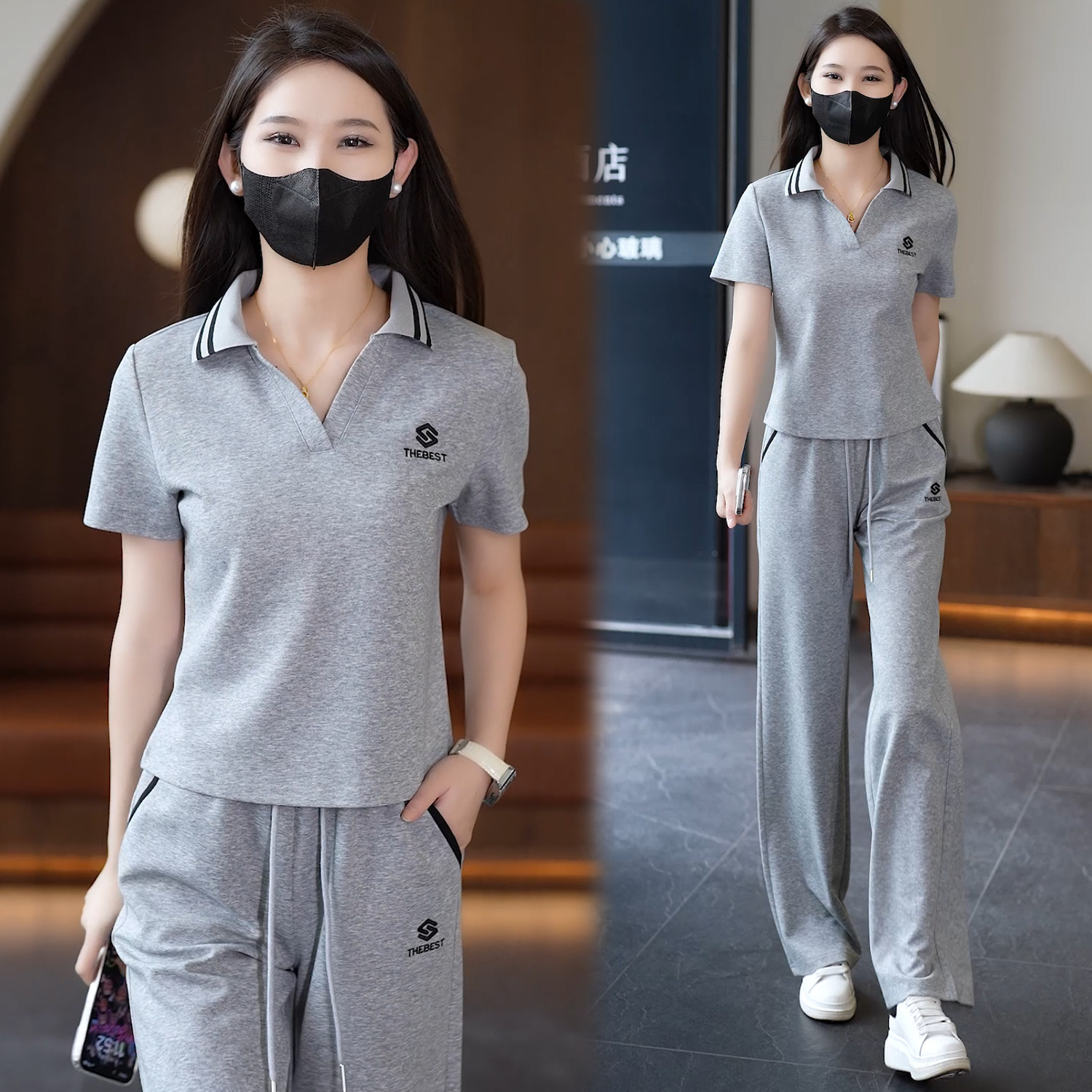 夏季新款2026时尚运动服套装女显瘦减龄Polo领字母短袖休闲两件套图片