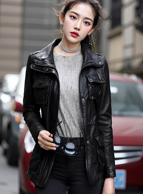 全植鞣绵羊皮进口皮衣女机车经典酷外套中长款修身百搭时尚P31291