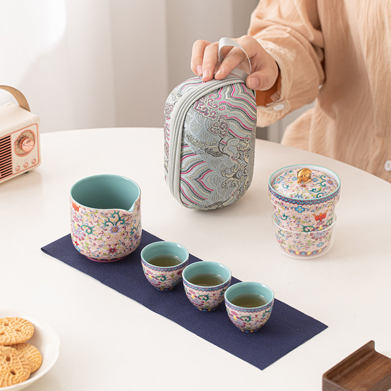 古晟 宫廷风珐瑯彩旅行茶具一壶三杯户外可携式简易泡茶快客小套,餐饮具,旅行茶具,淘宝优惠券,粉丝福利购,淘宝优惠卷