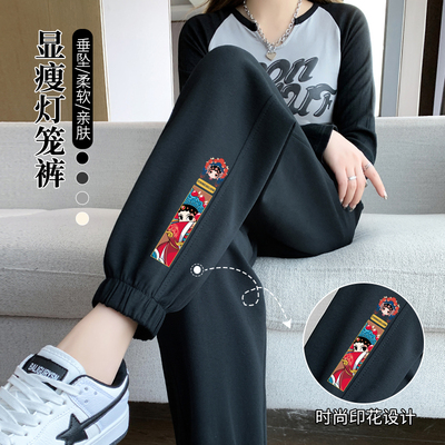 黑色运动裤女宽松束脚秋冬季2025新款国潮加绒加厚休闲裤显瘦卫裤