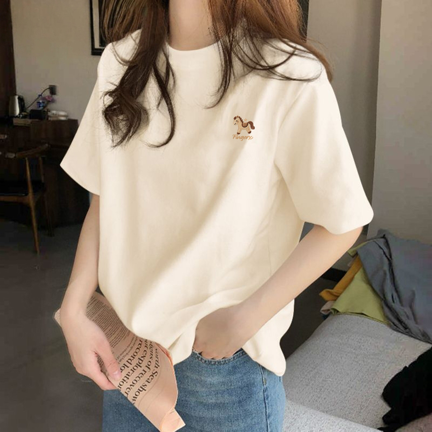 欧货杏色正肩短袖t恤女夏季新款白色纯棉宽松卡通印花上衣ins爆款