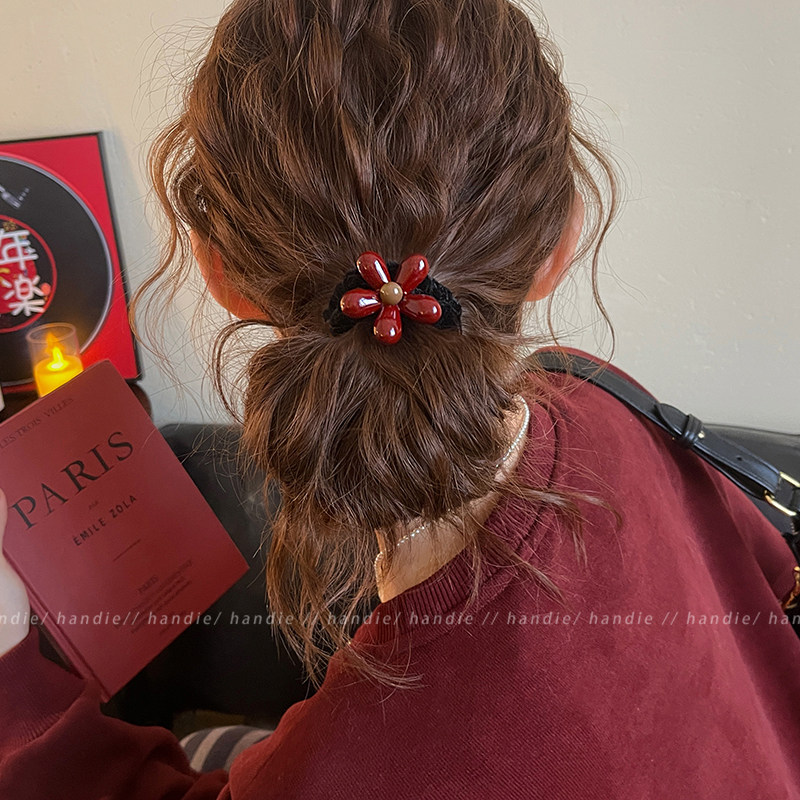 复古红色花朵皮筋小肠发圈女高级感洋气时尚丸子头绳低马尾发绳冬,饰品/流行首饰/时尚饰品新,发饰,淘宝优惠券,粉丝福利购,淘宝优惠卷