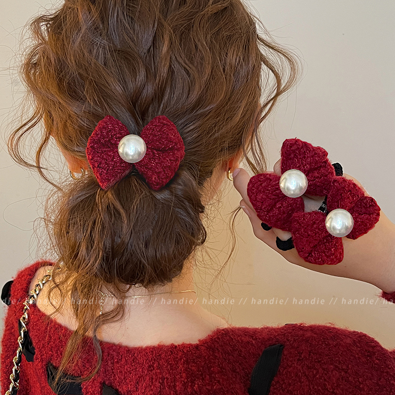 新年红珍珠蝴蝶结发圈