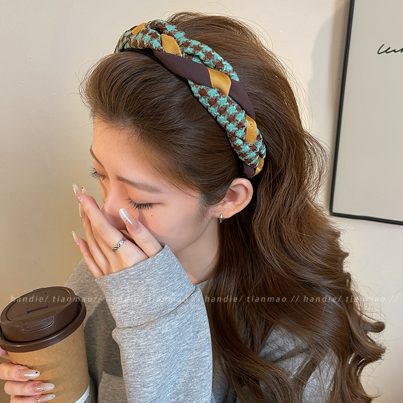 千鸟格麻花发箍女2025新款带齿防滑高颅顶压发洗脸发卡头箍发饰秋