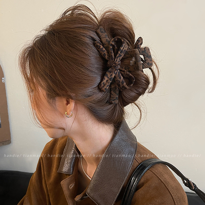 复古豹纹蝴蝶结头发抓夹女高级感后发夹脑勺盘发鲨鱼夹发量大发卡