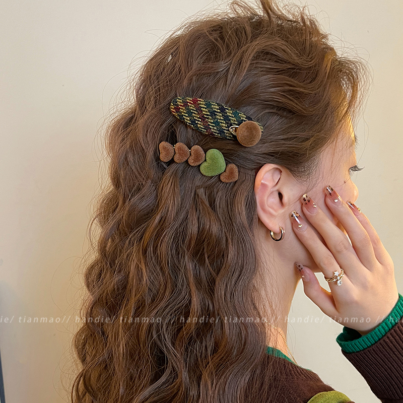 丝绒爱心格纹前额碎发刘海夹发夹