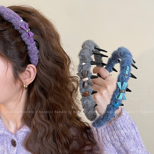 韩系蝴蝶结毛绒带齿发箍女高颅顶头箍2025新款高级感洗脸发卡头饰