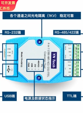 YN4561I隔离型六合一串口模块USB/485/422/232/TTL互转防雷隔离