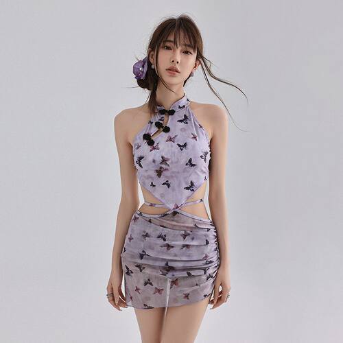 紫色旗袍式分体裙式三件套游泳衣女高腰遮肚显瘦小胸泡温泉新款夏